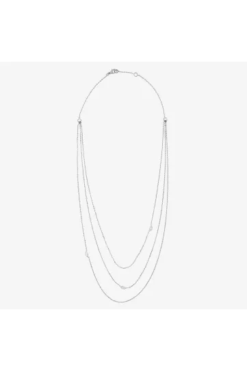 A 3-row necklace in 18k white gold set with three marquise-cut diamonds.