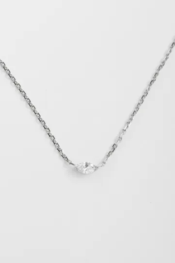 The Hana necklace in 18k white gold set with a marquise-cut diamond.