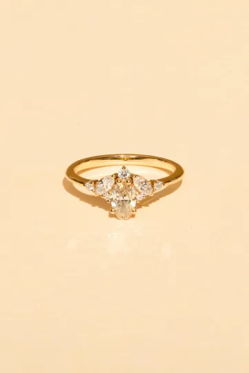 The Antoine S ring in 18k white gold set with a 0.30ct pear-shaped central diamond and accompanied by marquise and brilliant diamonds.