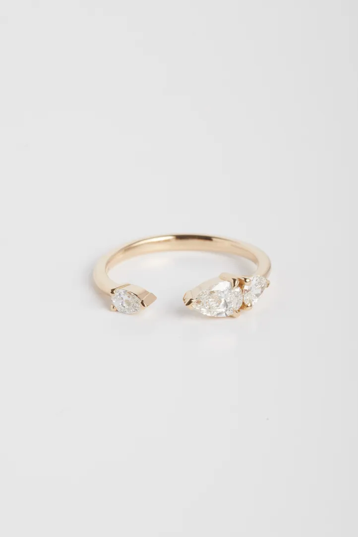 Bague Ouverte Anneau fin or rose 18 carats Poli Diamant naturel taille Poire monture Toi et Moi Bague Ouverte Anneau fin or rose 18 carats Poli Diamant naturel taille Poire monture Toi et Moi